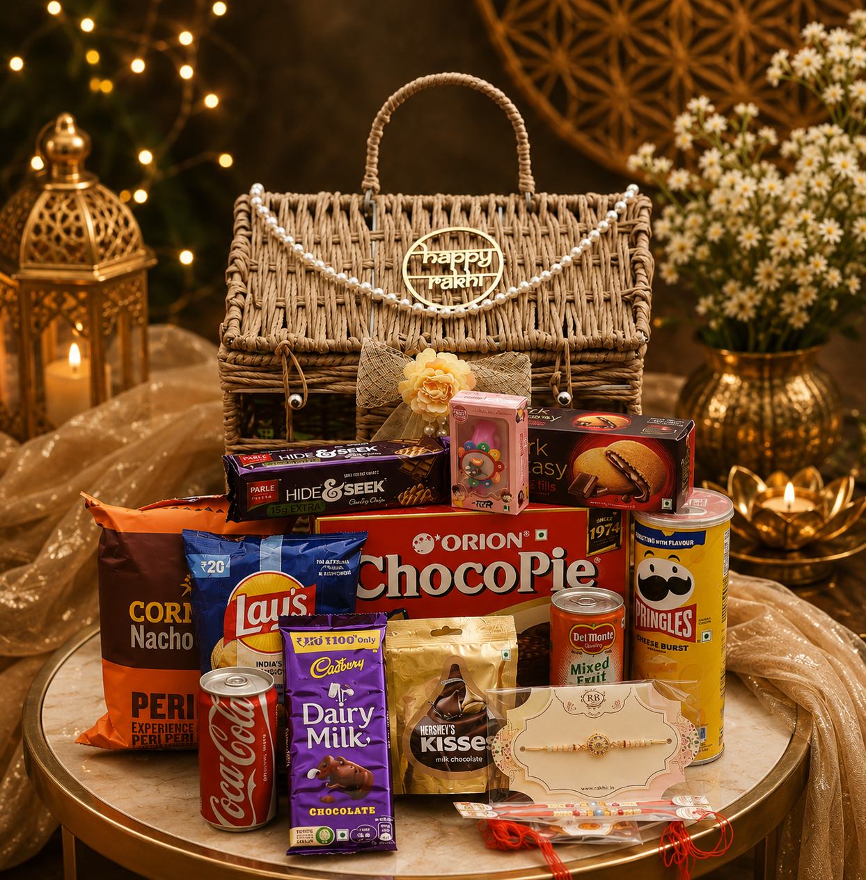 A woven luxury rakhi hamper filled with treats