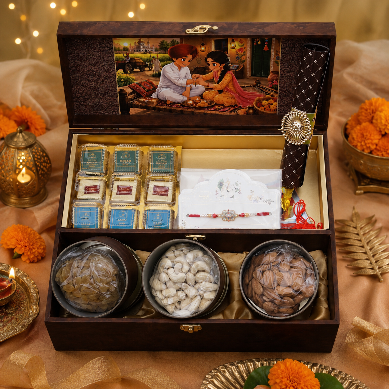 Open wooden gift box with rakhi and dry fruits