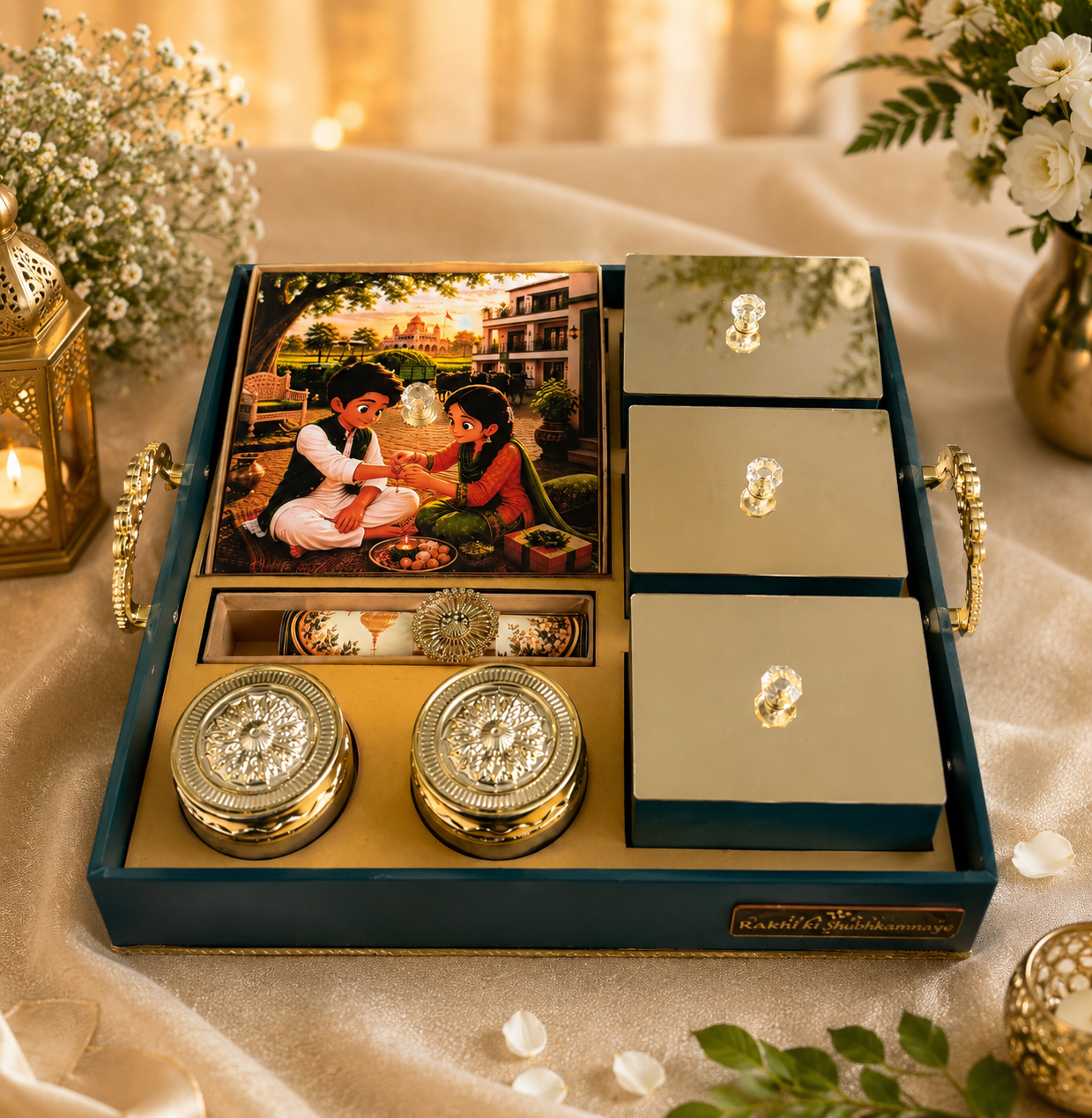 A blue keepsake rakhi box